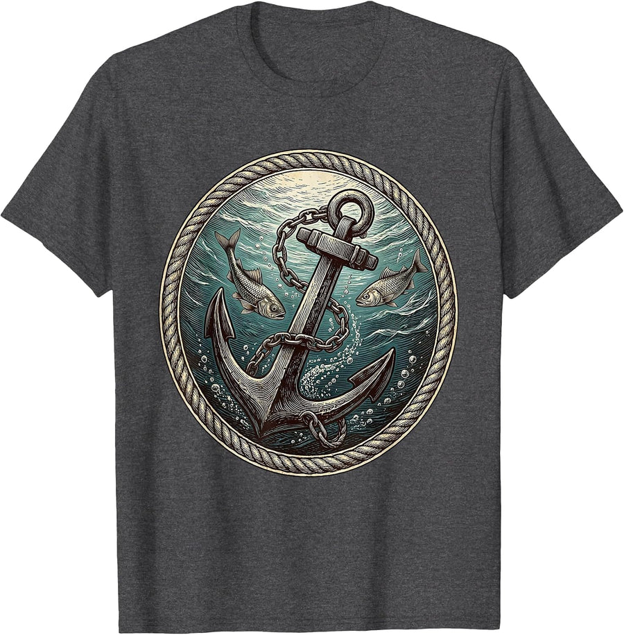 Men's Sinking Anchor Ocean Pirate Graphic Tee T-Shirt - Dark Heather Grey