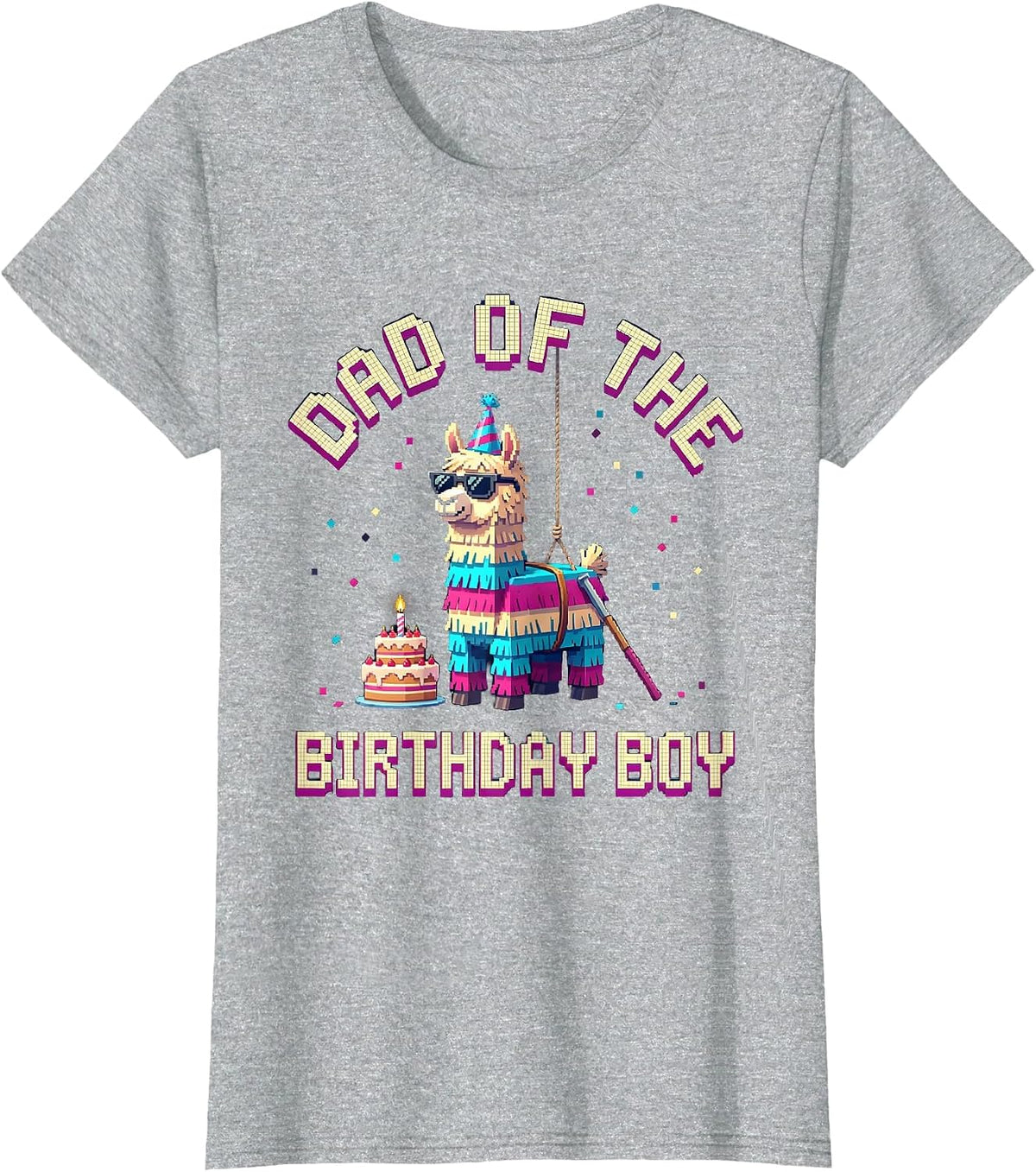 Dad Of The Birthday Boy Pixel Art Llama Pinata Gamer Party T-Shirt - Heather Grey