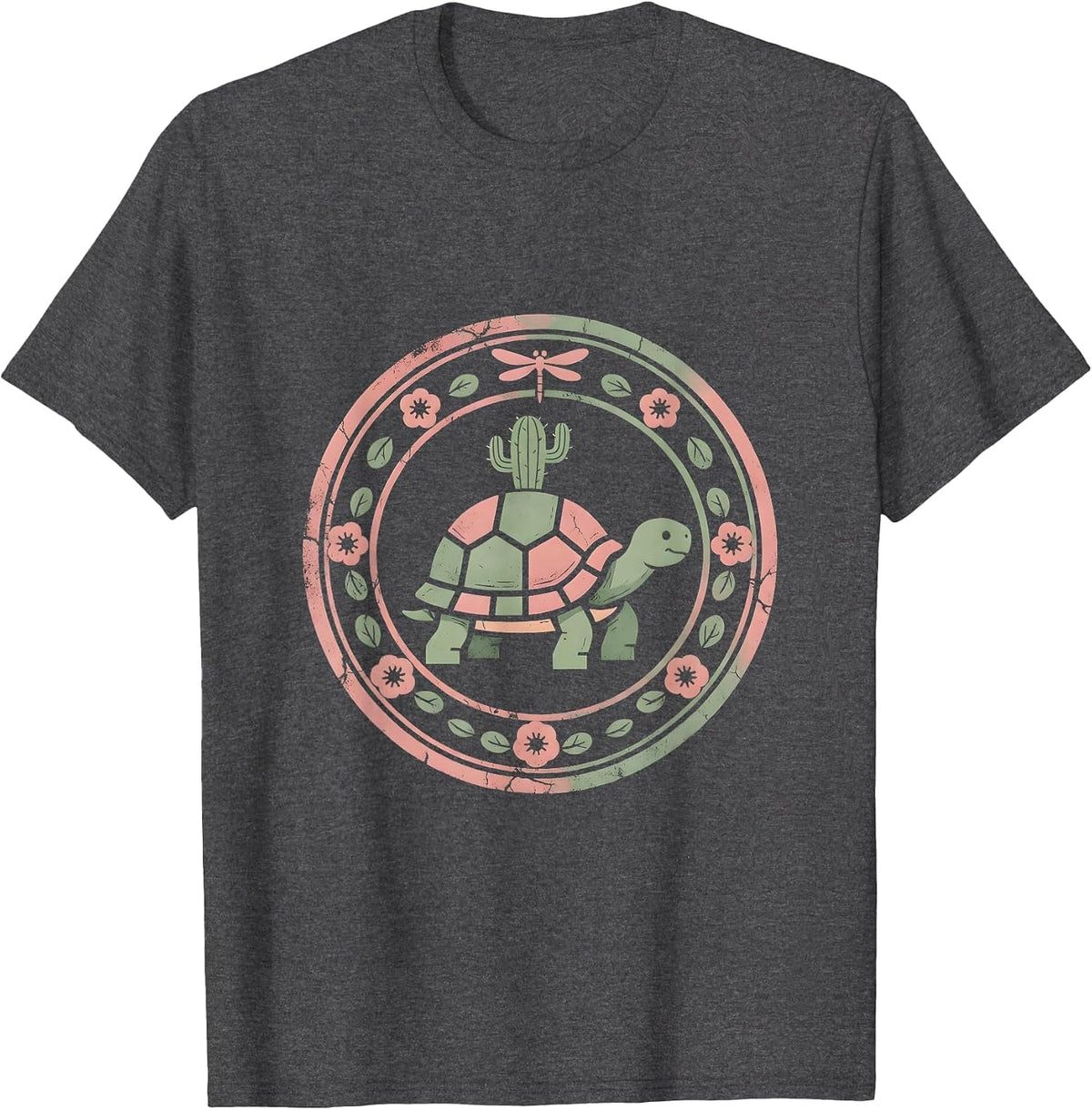 Desert Tortoise With Cactus Western Nature Design T-Shirt - Dark Heather Grey