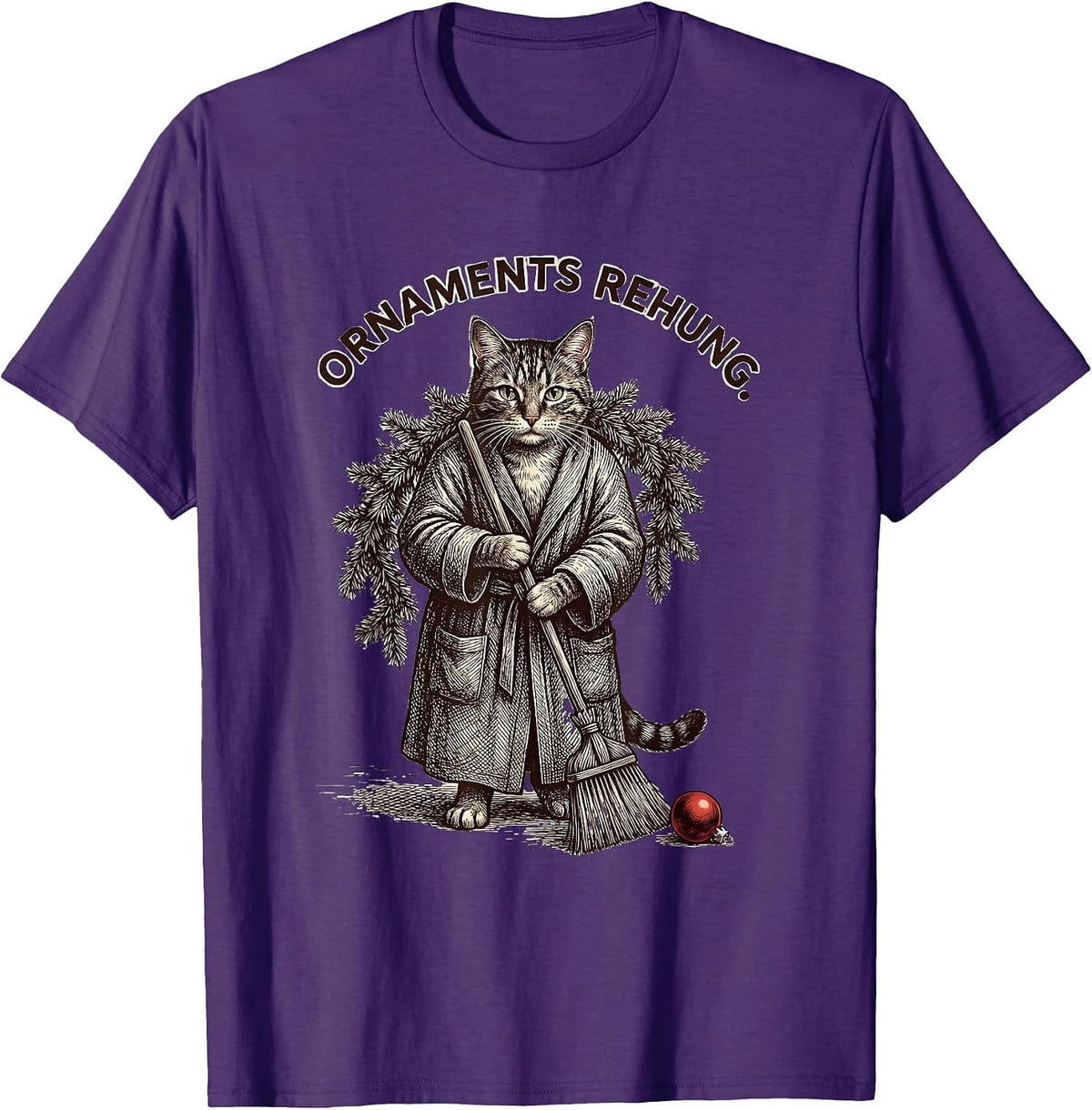 Ornaments Rehung Crosshatch Etching Funny Cat Lover Holiday T-Shirt - Purple