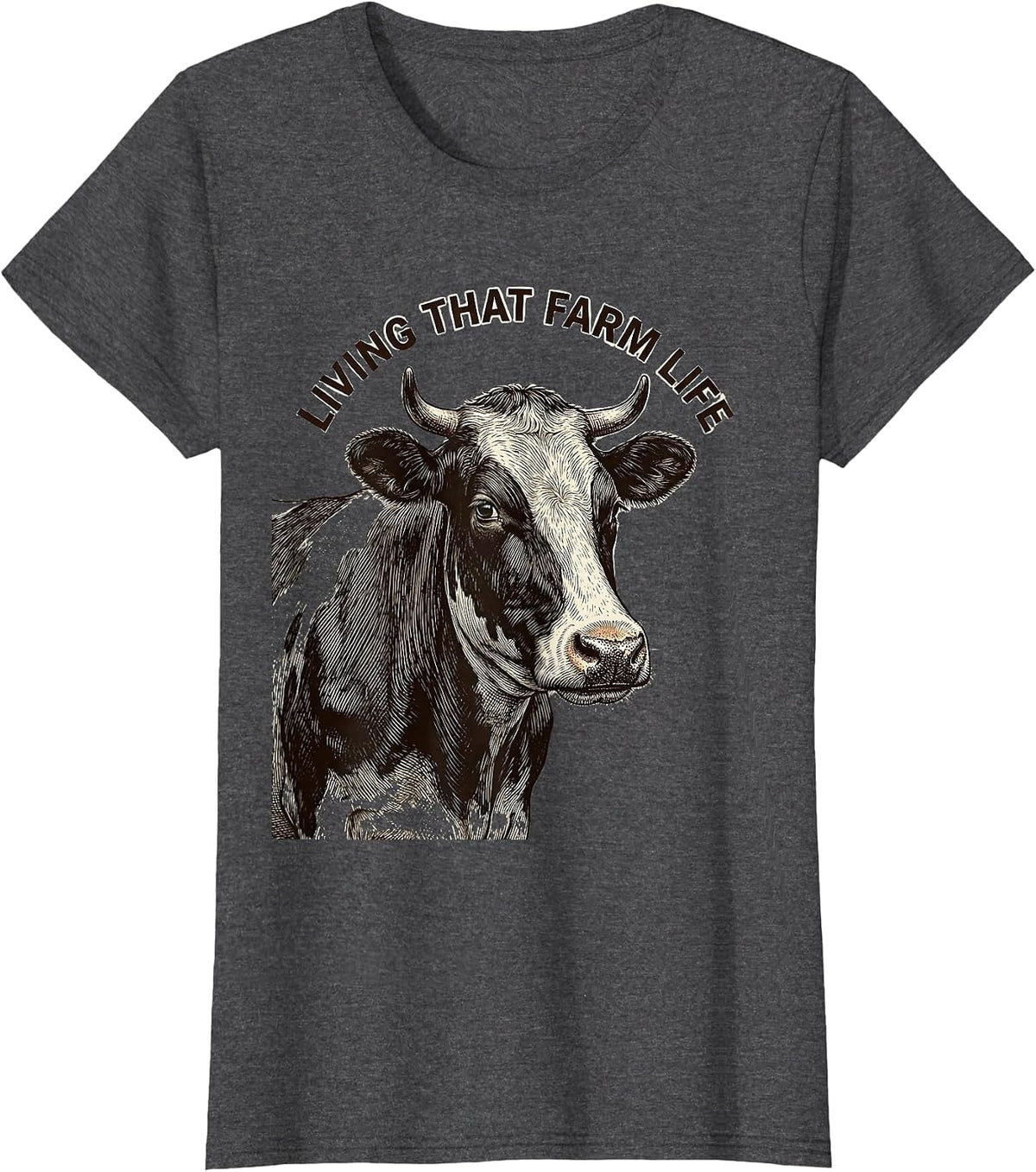 Women's Living That Farm Life Cow Design T-Shirt - Dark Heather Grey