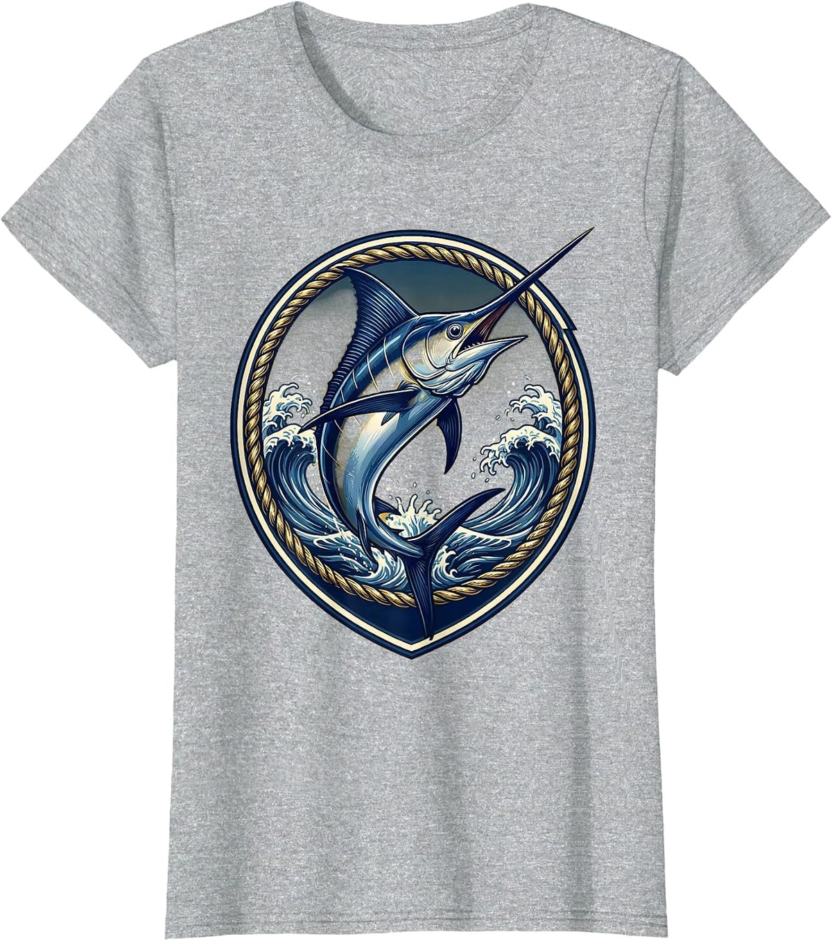 Marlin Leaping Over Ocean Waves Fishing Design T-Shirt - Heather Grey