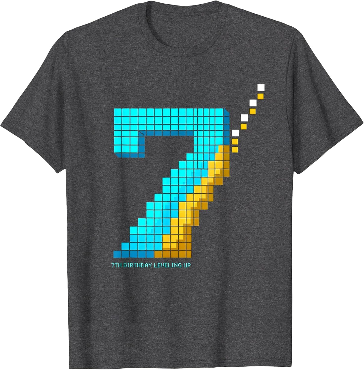 7th Birthday Leveling Up Pixel Art Gamer Birthday Gift T-Shirt - Dark Heather Grey