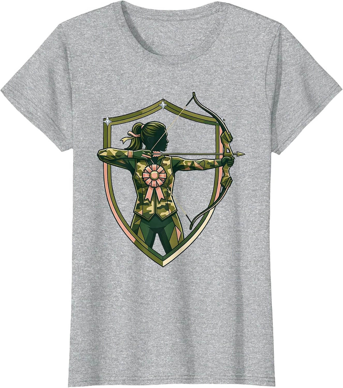 Women's Camo Archer Drawing Back Bow Illustration T-Shirt - Heather Grey