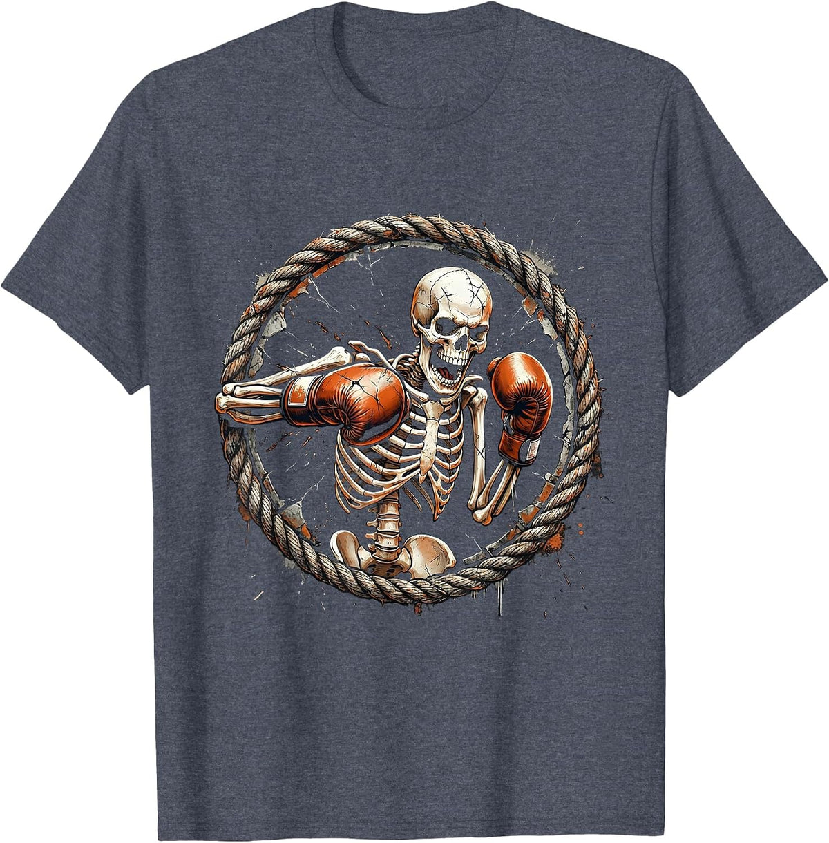 Skeleton Boxer Mid-Punch Ring Spotlight Graphic T-Shirt - Heather Blue