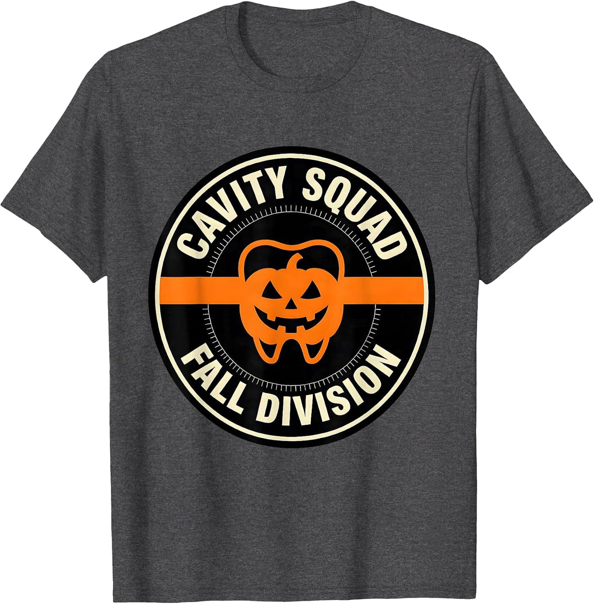 Cavity Squad Fall Division Stencil Dental Humor T-Shirt - Dark Heather Grey