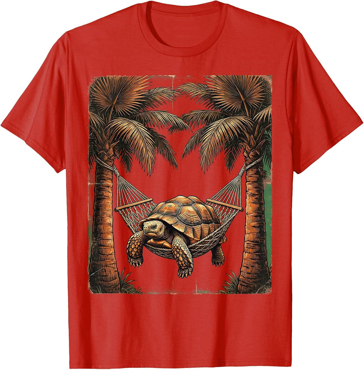 Men's Tortoise Hammock Chill Tropical Palm Tree Design T-Shirt - Red