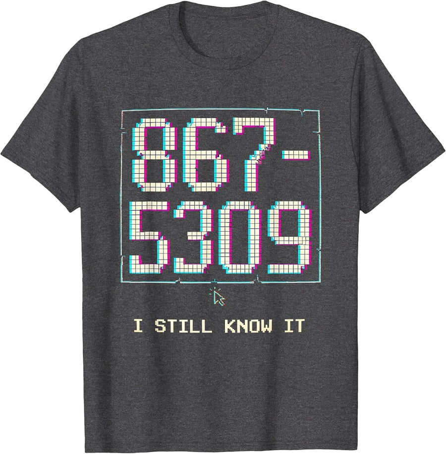Men's 867-5309 I Still Know It Pixel Art 80s Nostalgia T-Shirt - Dark Heather Grey