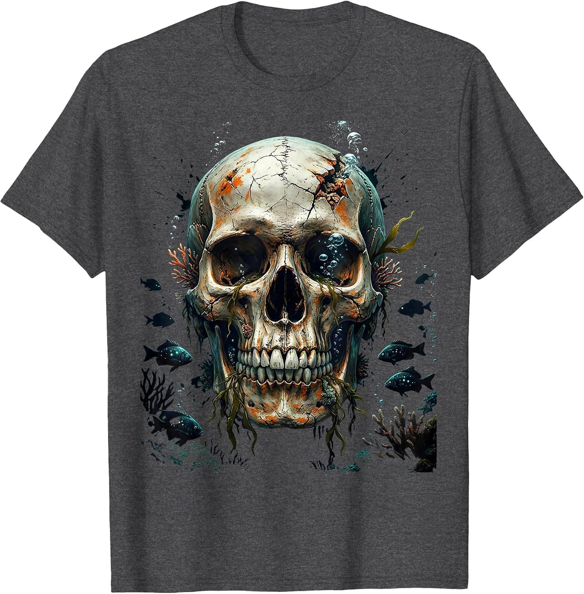 Deep Ocean Skull Glowing Fish Illustration T-Shirt - Dark Heather Grey