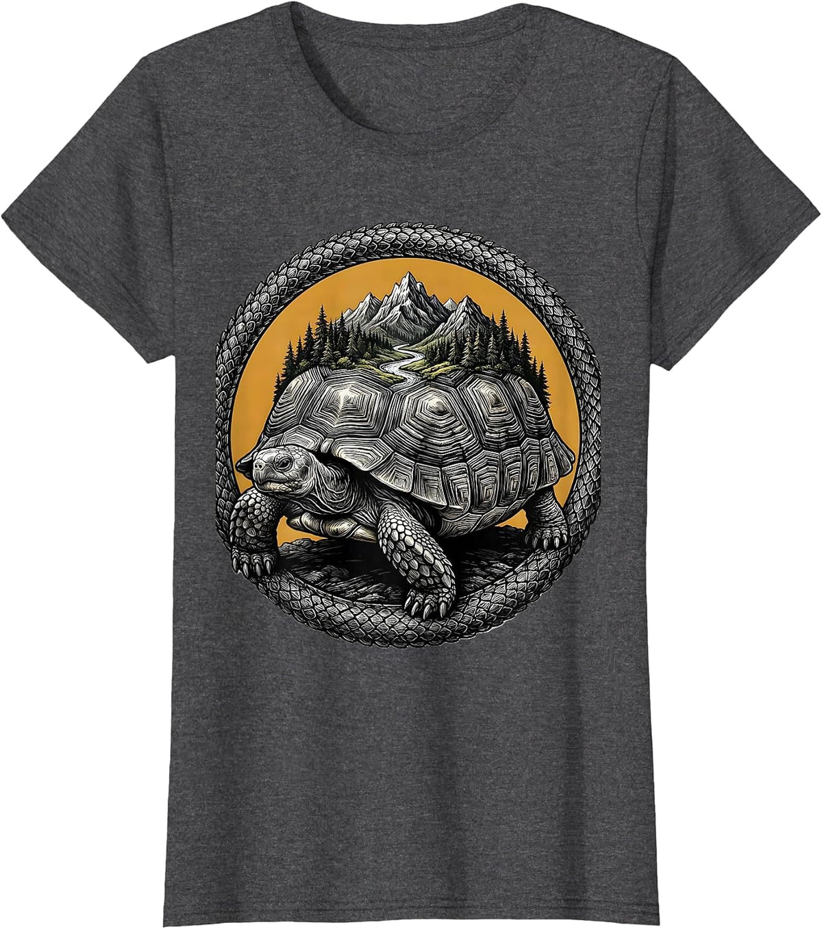 Women's Tortoise Carrying Ecosystem on Shell Nature Art T-Shirt - Dark Heather Grey