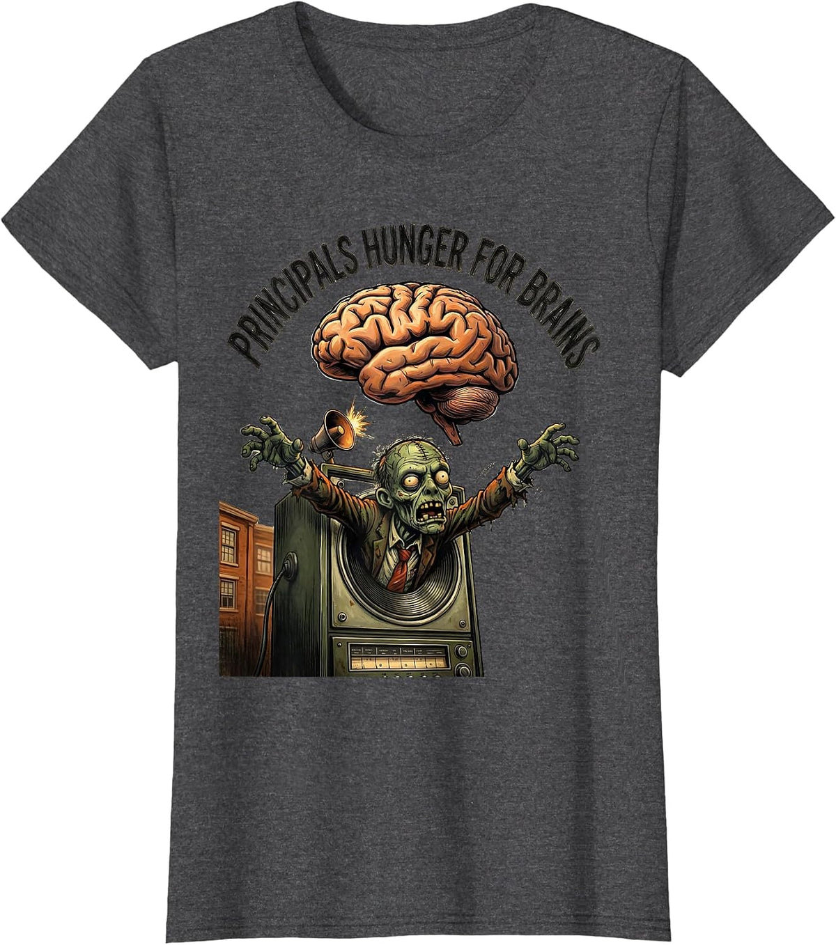 Women's Principals Hunger For Brains Funny Zombie Teacher Halloween T-Shirt - Dark Heather Grey