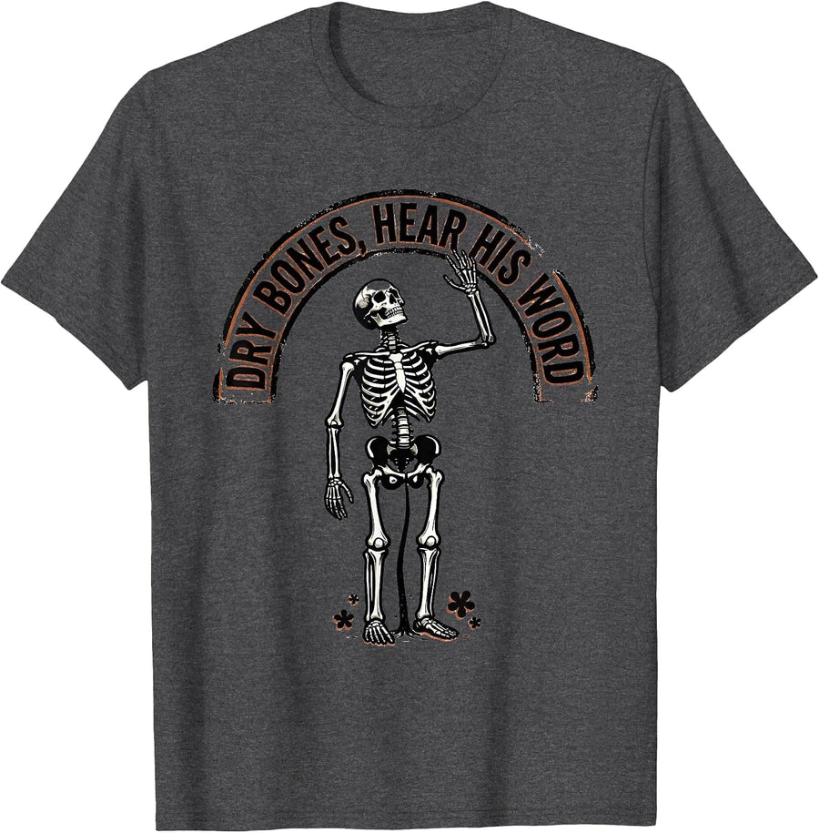 Men's Dry Bones, Hear His Word Faith-Humor Christian Skeleton T-Shirt - Dark Heather Grey