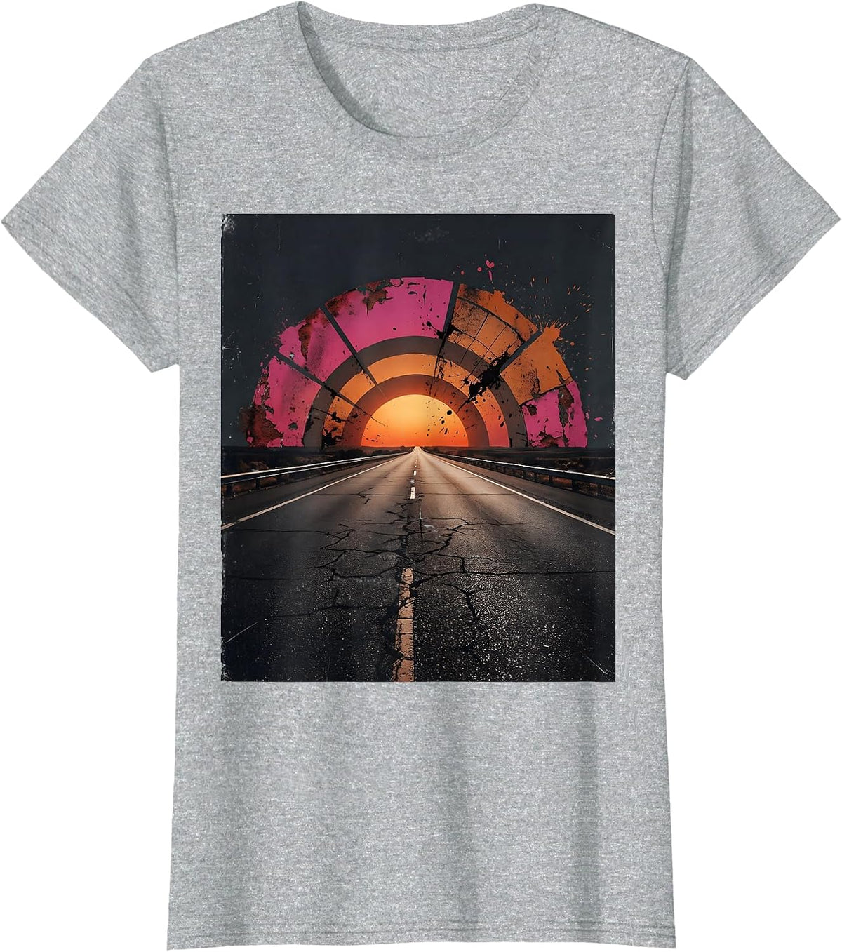 Neon Grid Highway Retro 80s Synthwave Design T-Shirt - Heather Grey