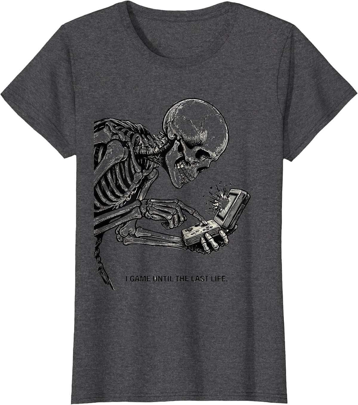 Women's I Game Until The Last Life Funny Halloween Skeleton Gamer T-Shirt - Dark Heather Grey