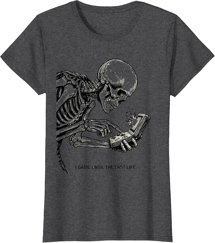 Women's I Game Until The Last Life Funny Halloween Skeleton Gamer T-Shirt - Dark Heather Grey