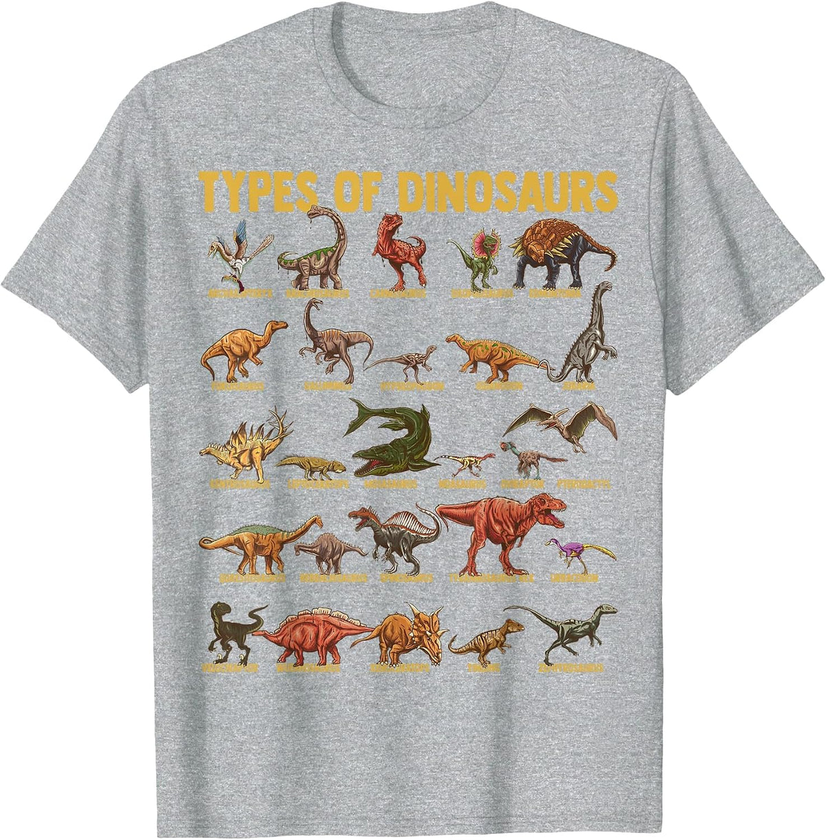 Types of Dinosaurs Dino Identification Chart with Names T-Shirt - Heather Grey