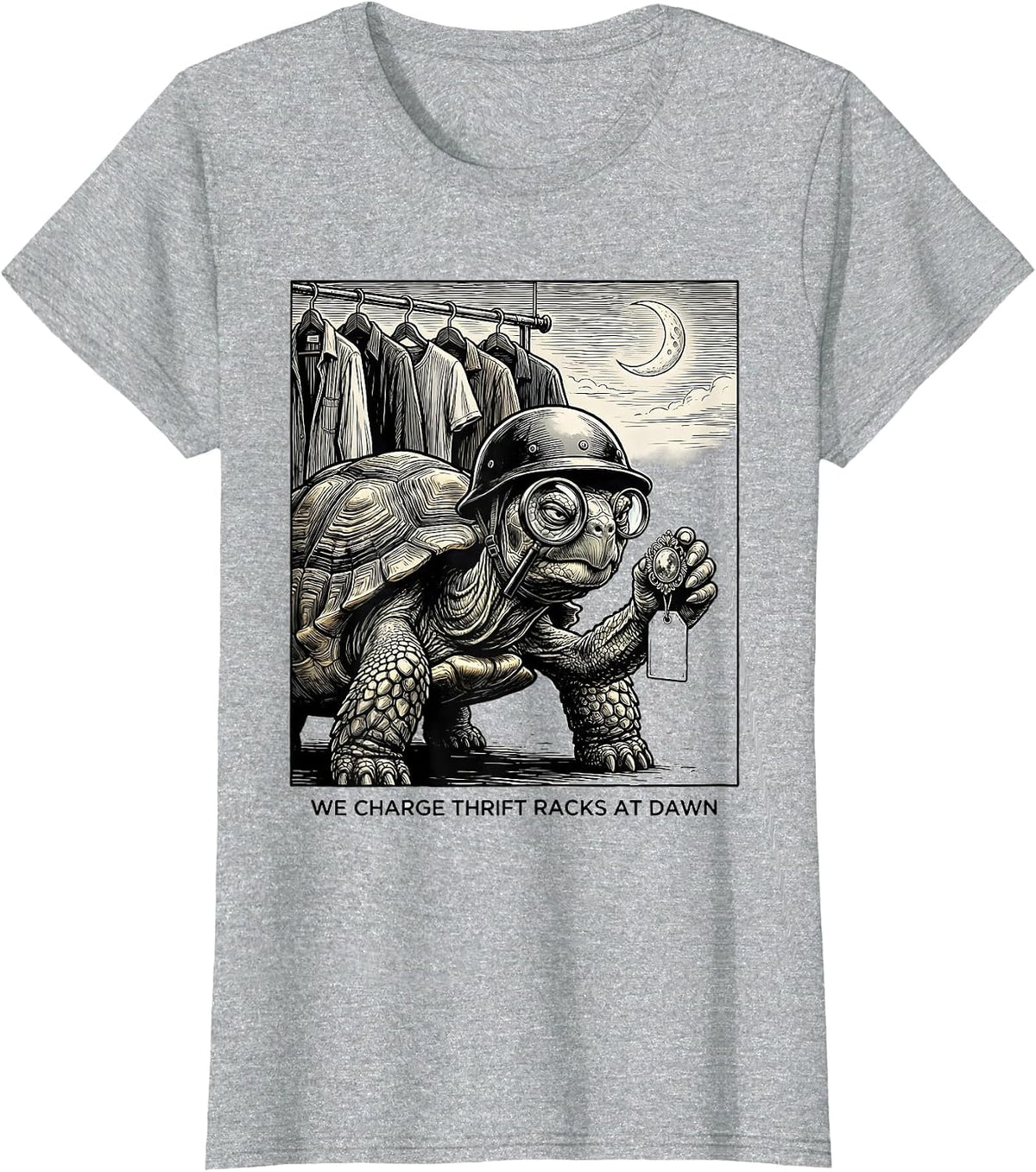 We Charge Thrift Racks At Dawn Funny Tortoise Vintage T-Shirt - Heather Grey