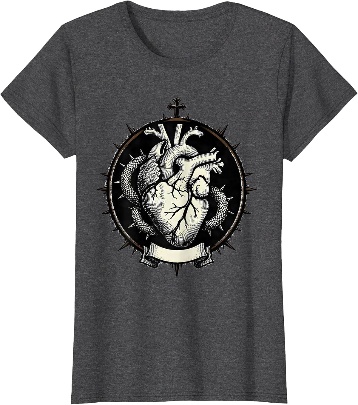 Women's Heart Serpent Shield Alt Goth Y2K Grunge Streetwear T-Shirt - Dark Heather Grey