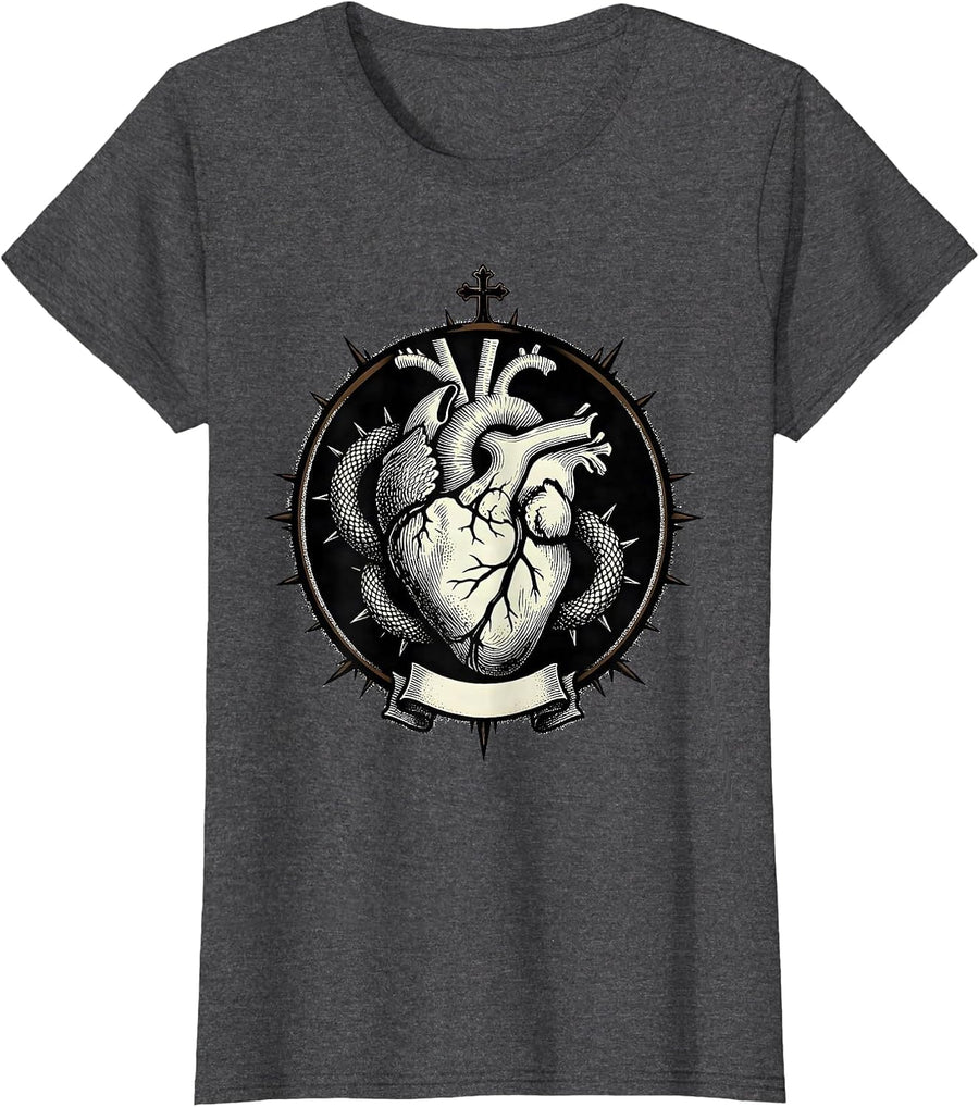 Women's Heart Serpent Shield Alt Goth Y2K Grunge Streetwear T-Shirt - Dark Heather Grey
