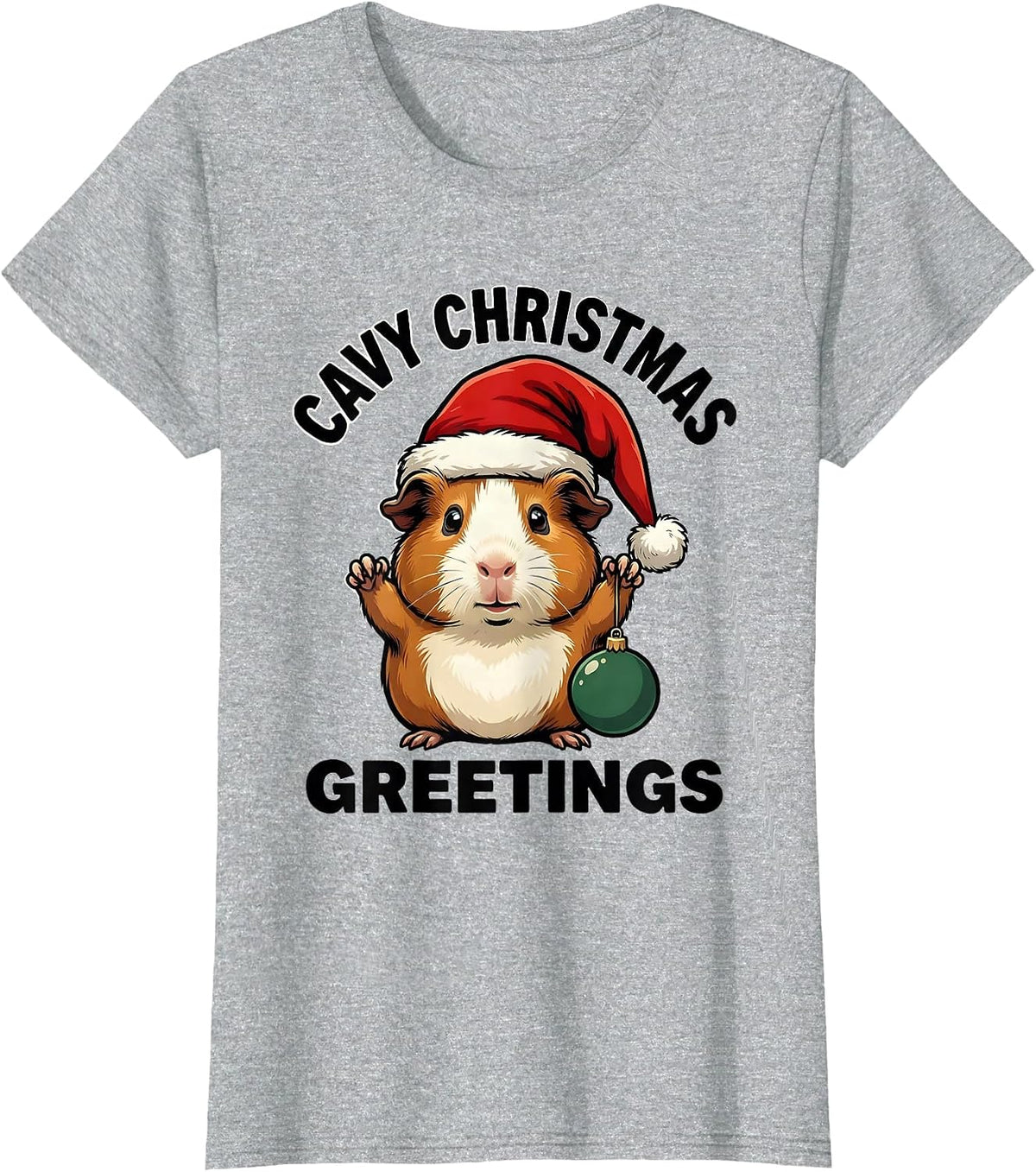 Women's Cavy Christmas Greetings Cartoon Guinea Pig Santa Hat Humor T-Shirt - Heather Grey
