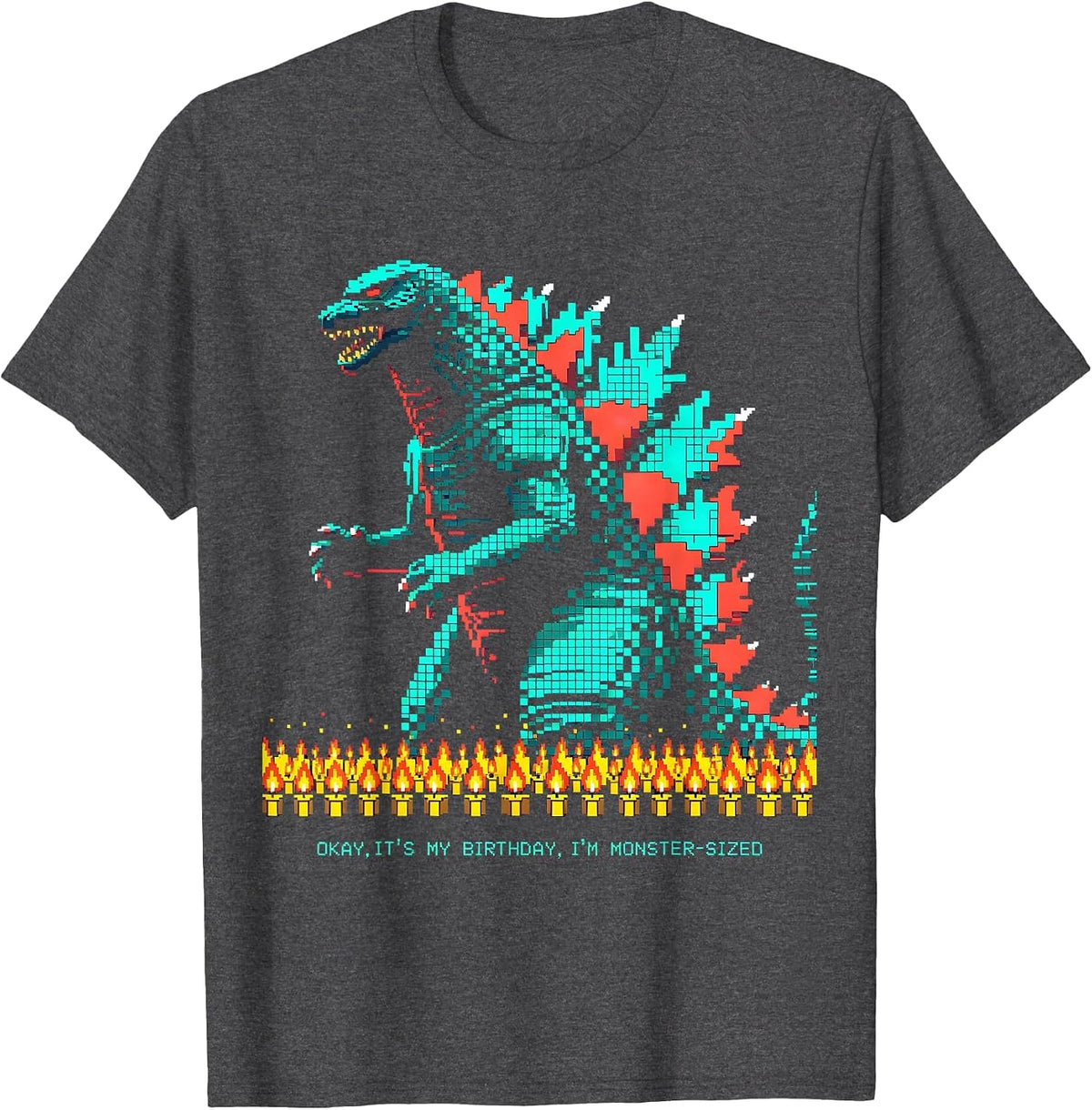 Men's Okay, It's My Birthday, I'm Monster-Sized Pixel Art T-Shirt - Dark Heather Grey