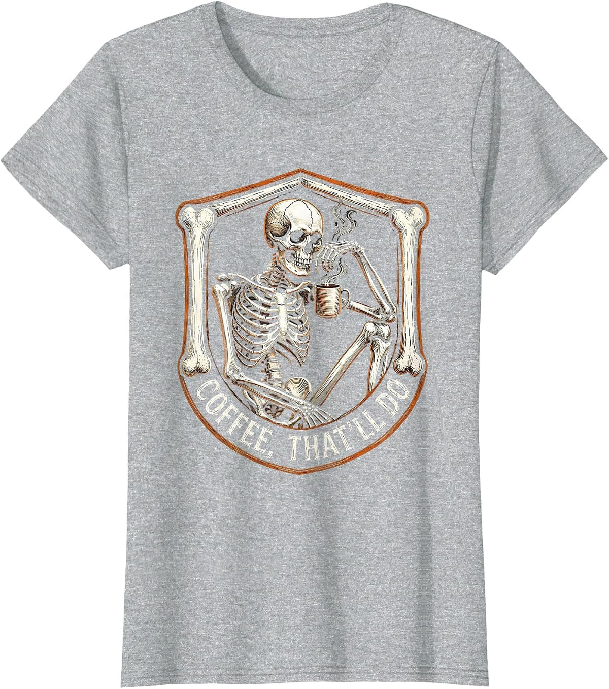 Coffee, That’ll Do Whimsical Dry Humor Halloween Skeleton T-Shirt - Heather Grey