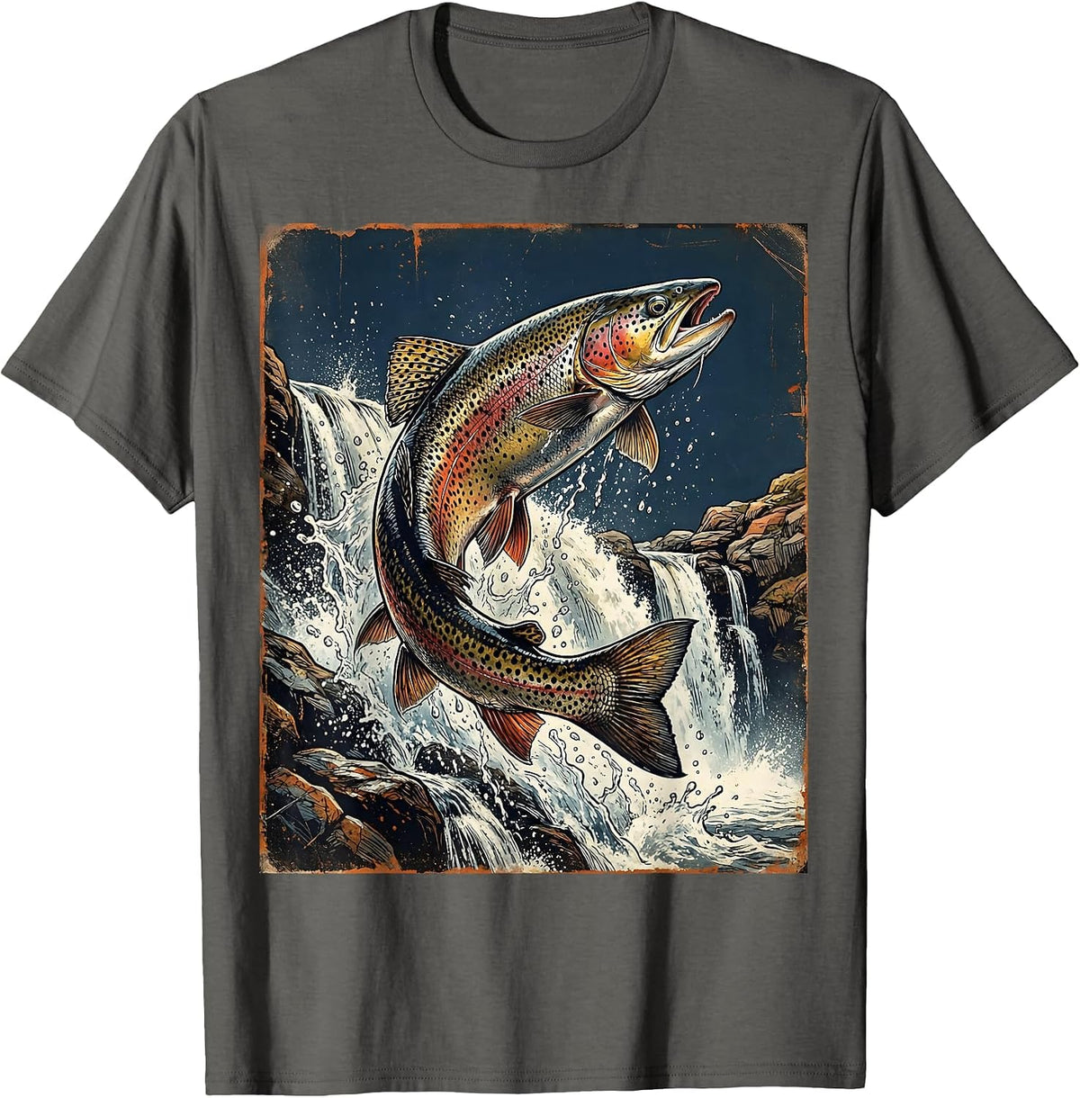 Men's Trout Splashing Through Waterfall Rapids T-Shirt - Asphalt Grey