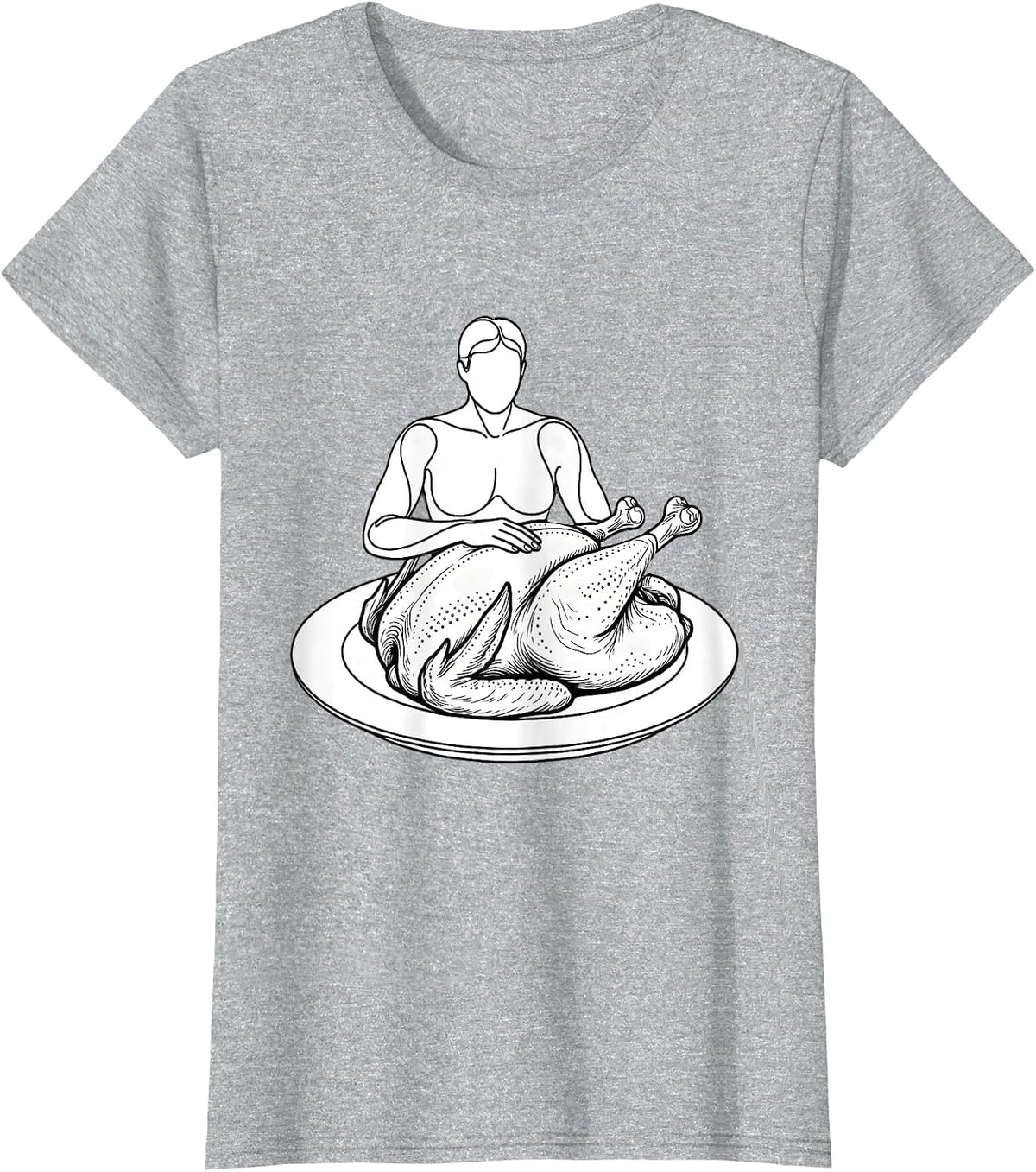 Whole Roasted Turkey Line Art Funny Thanksgiving Matching T-Shirt - Heather Grey