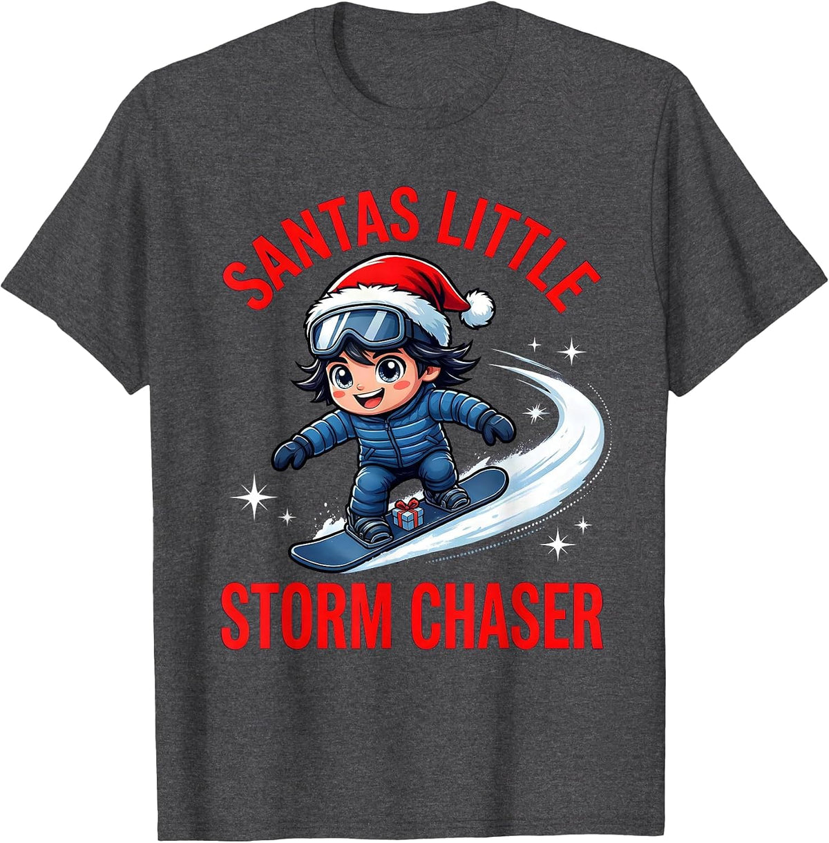 Men's SANTAS LITTLE STORM CHASER Cartoon Snowboarder Christmas T-Shirt - Dark Heather Grey