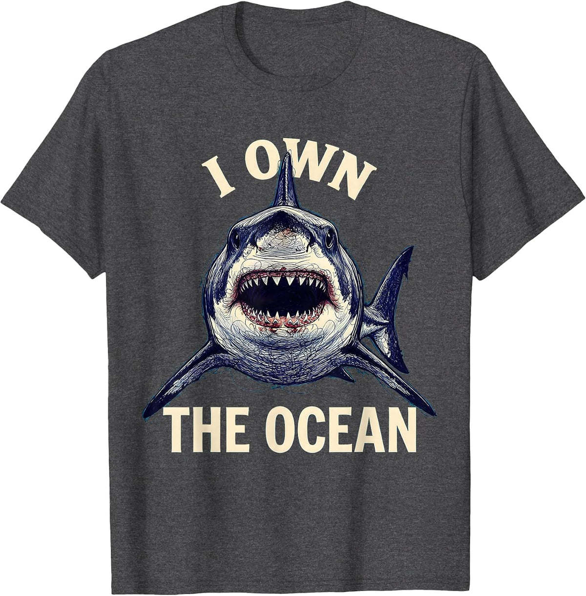 I Own The Ocean Bold Shark Graphic Design T-Shirt - Dark Heather Grey