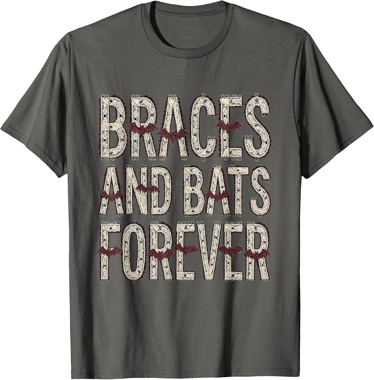 Braces and Bats Forever Dental Halloween Design T-Shirt - Asphalt Grey