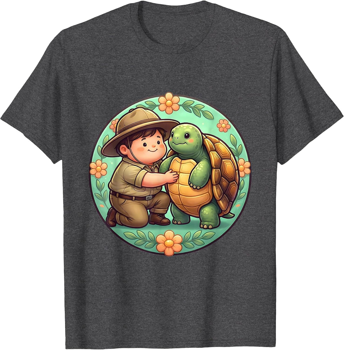 Zoo Keeper Kneeling With Giant Tortoise Design T-Shirt - Dark Heather Grey