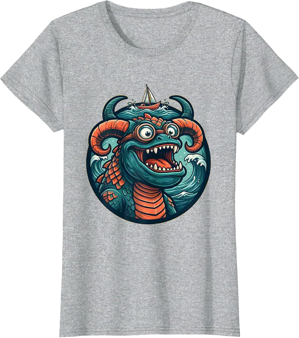 Women's Hawaiian Sea Monster Rising Beneath Small Boat T-Shirt - Heather Grey