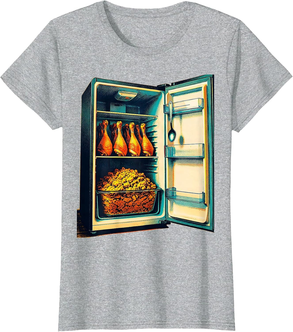 Refrigerator Packed With Turkeys Risograph Funny Family T-Shirt - Heather Grey