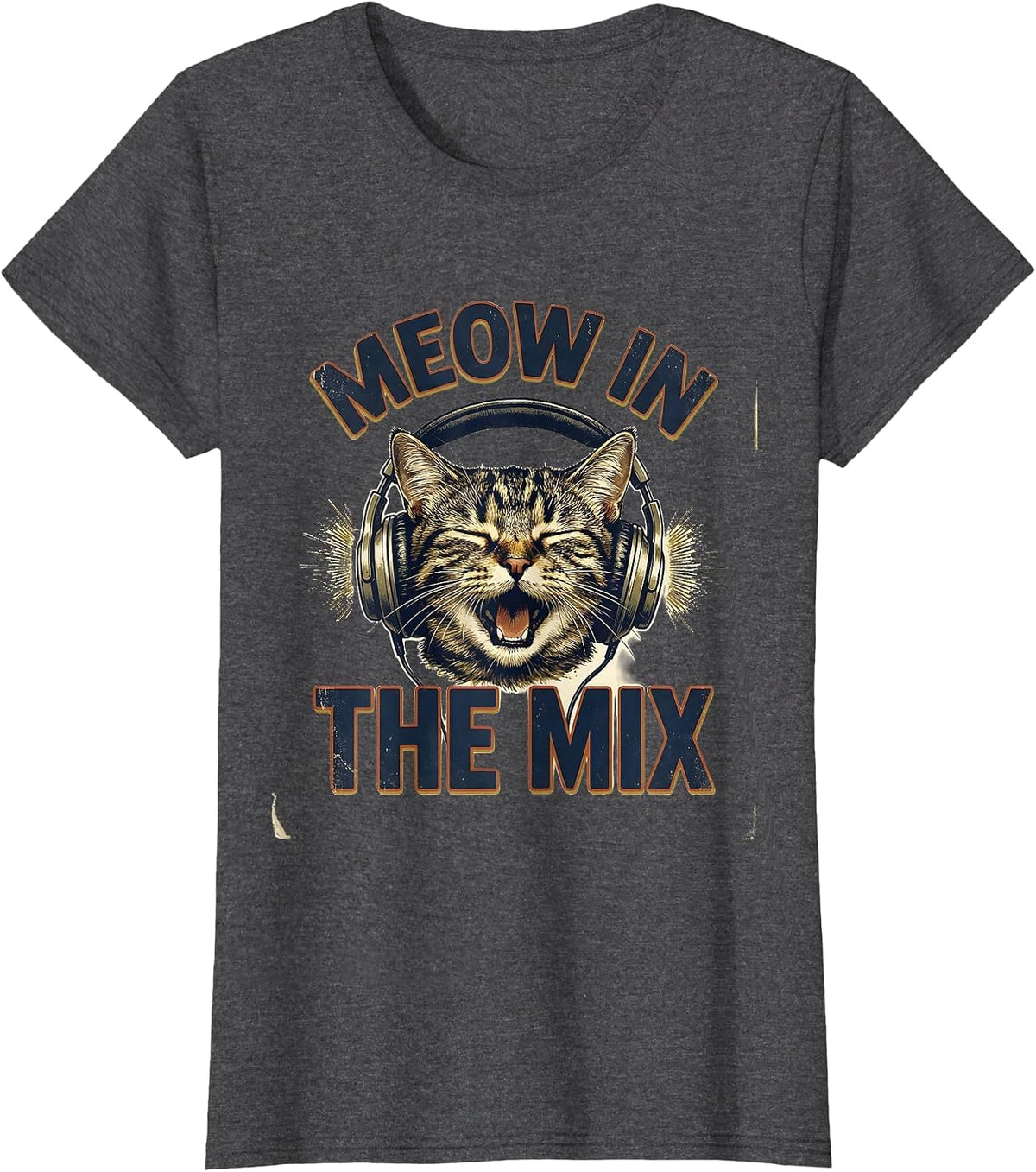 Women's Meow In The Mix Vintage Cat DJ Headphones Music Humor T-Shirt - Dark Heather Grey