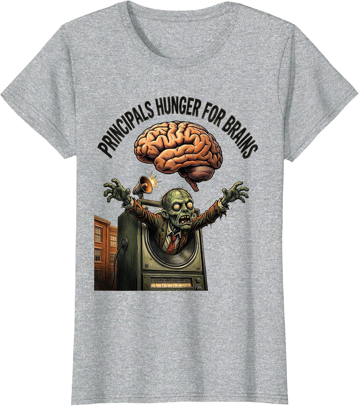 Women's Principals Hunger For Brains Funny Zombie Teacher Halloween T-Shirt - Heather Grey