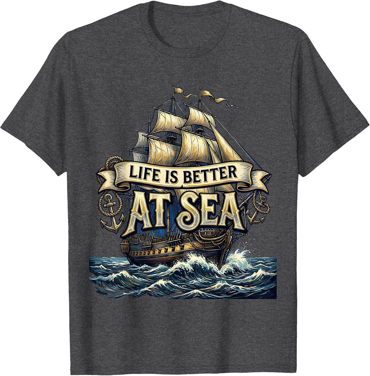 Men's Life Is Better At Sea Navy Ocean Design T-Shirt - Dark Heather Grey