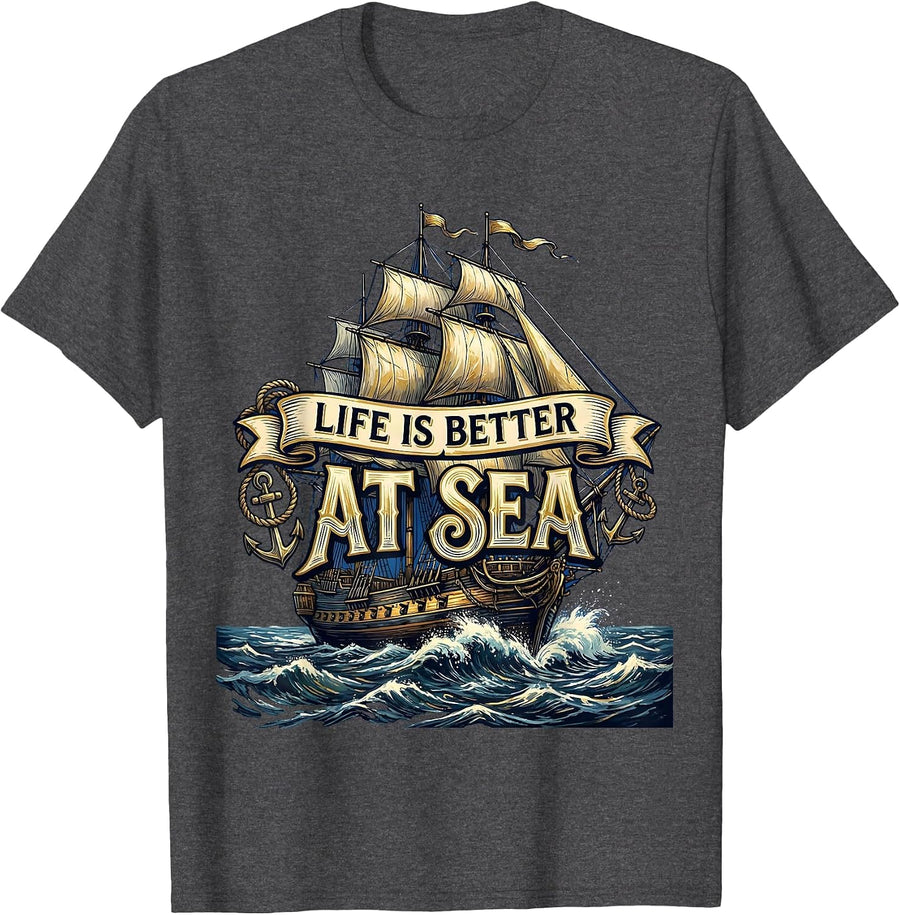 Men's Life Is Better At Sea Navy Ocean Design T-Shirt - Dark Heather Grey