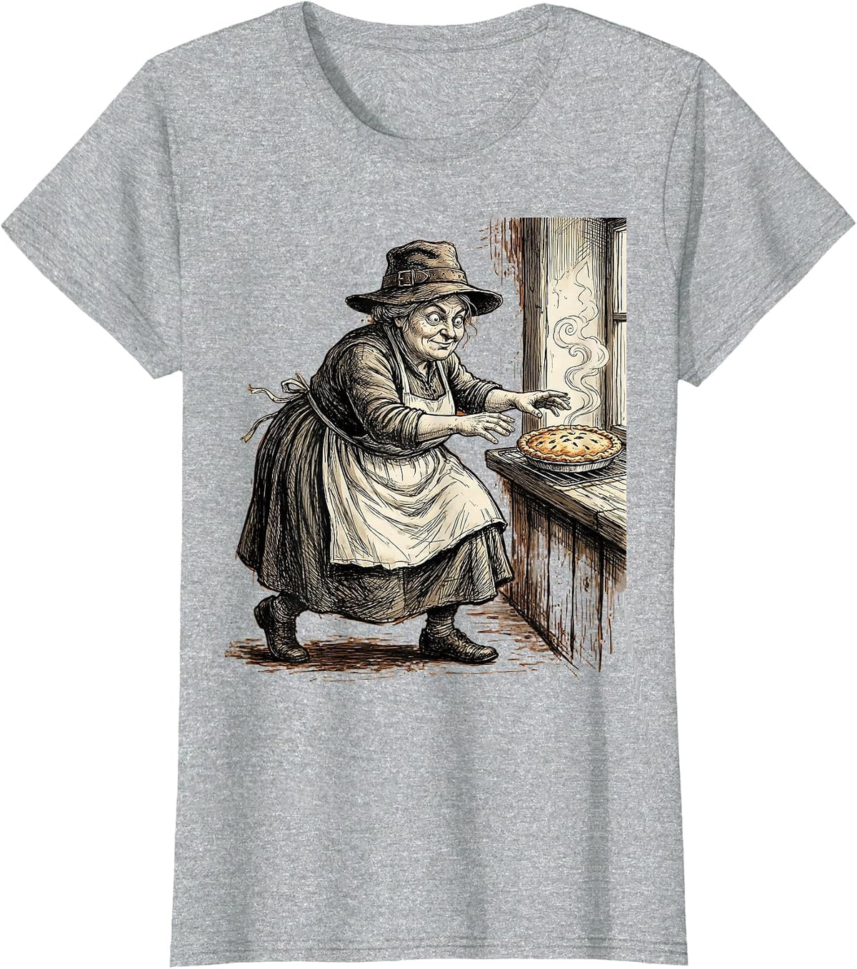 Funny Thanksgiving Pilgrim Pie Sneak Graphic T-Shirt - Heather Grey