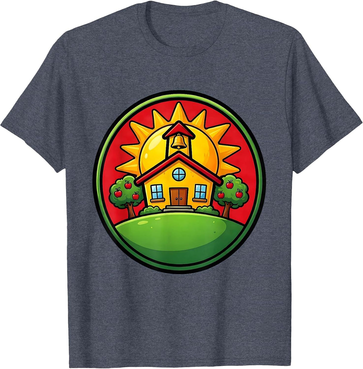 3rd Grade Teacher Schoolhouse Sunrise Illustration T-Shirt - Heather Blue