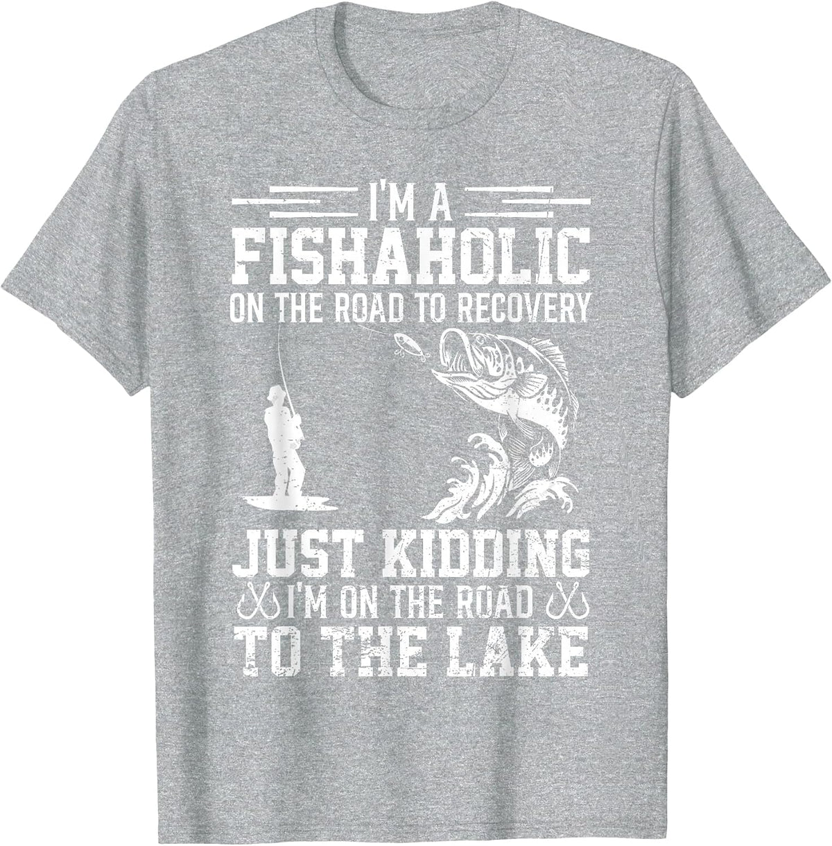 Funny Fish-Aholic On The Road to The Lake Fishing Lover T-Shirt - Heather Grey