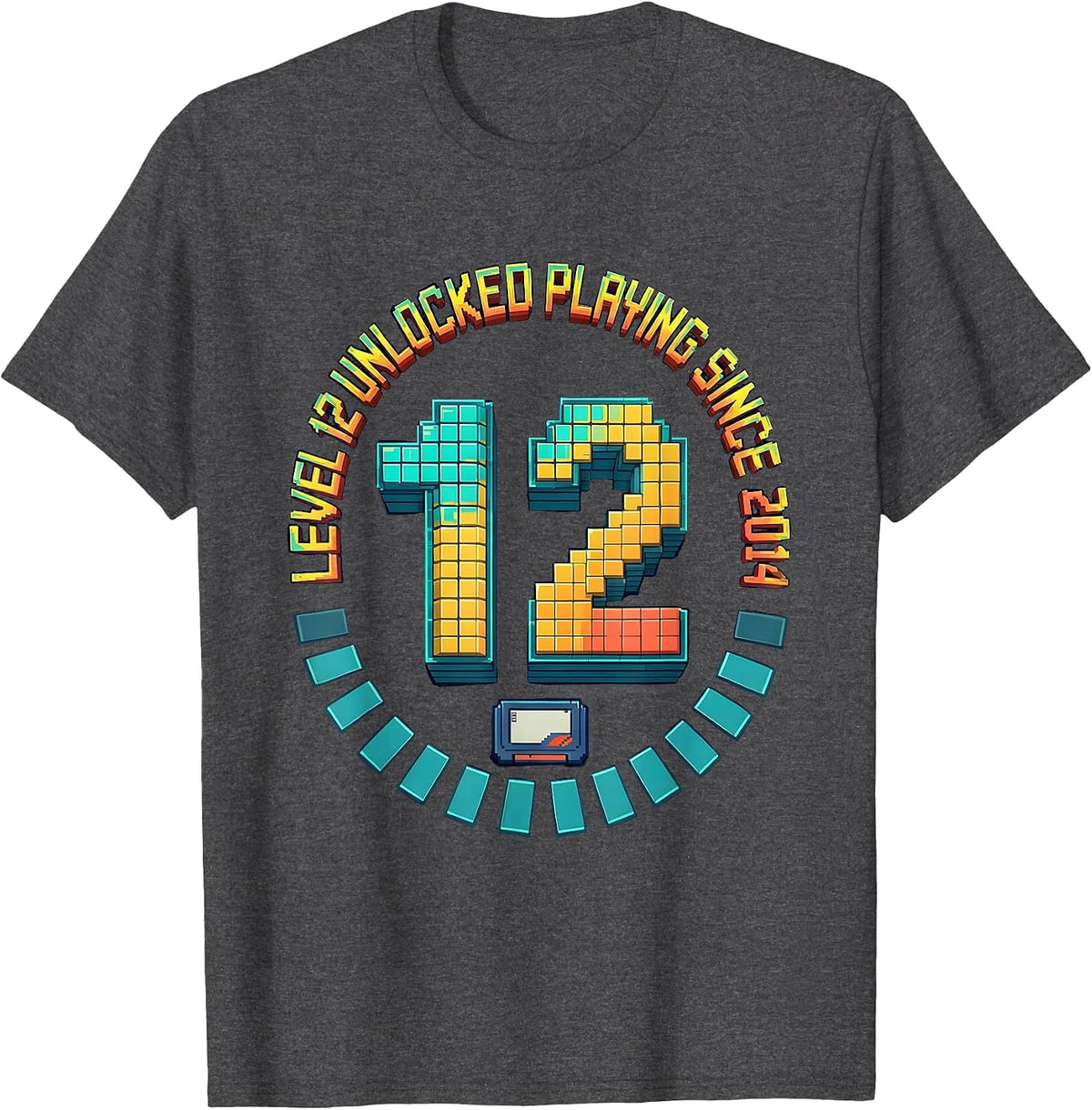 Men's Level 12 Unlocked Playing Since 2014 Pixel Art Gamer T-Shirt - Dark Heather Grey