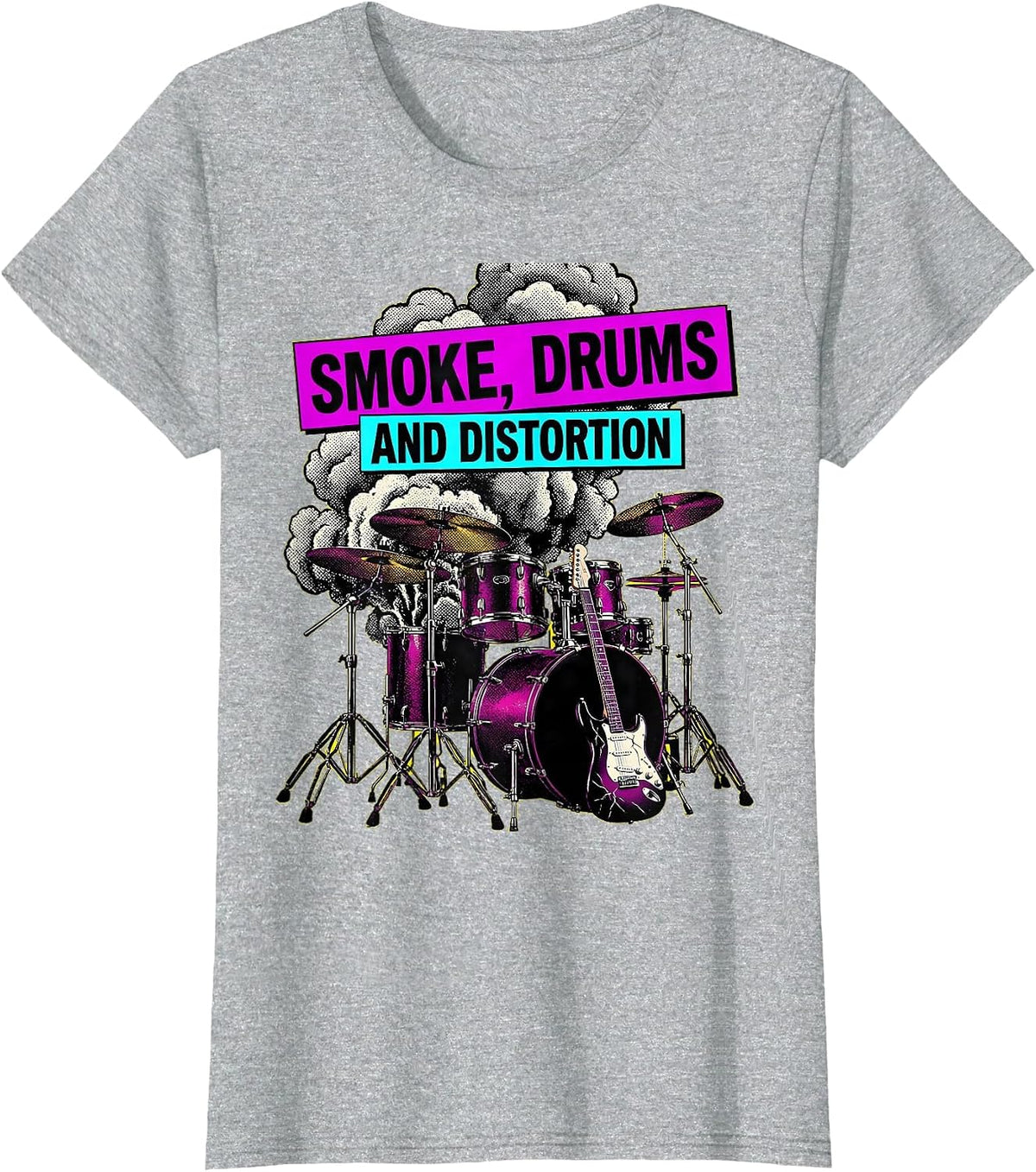 Women's Smoke Drums and Distortion 80s Rock Band Design T-Shirt - Heather Grey