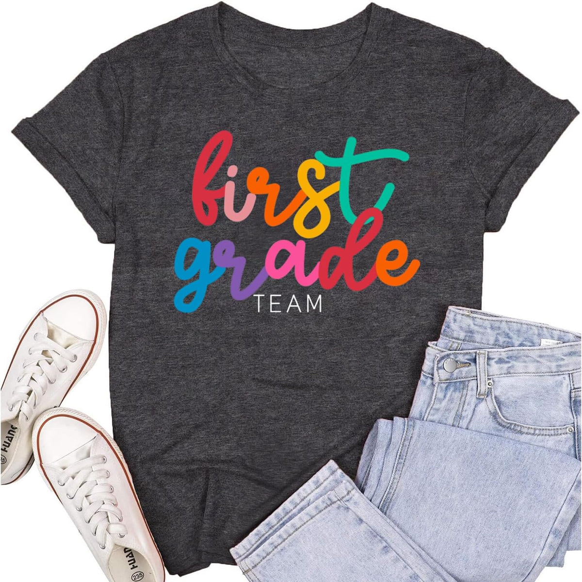 First Grade Teacher Team Shirts for Women 1st Grade Teacher Rainbow Tee Top Teaching Life Tshirt - Grey