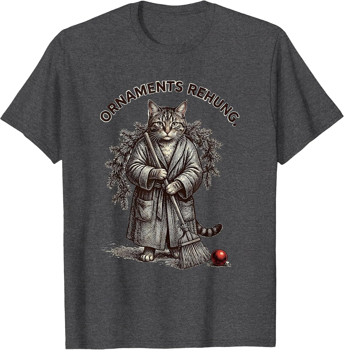 Ornaments Rehung Crosshatch Etching Funny Cat Lover Holiday T-Shirt - Dark Heather Grey