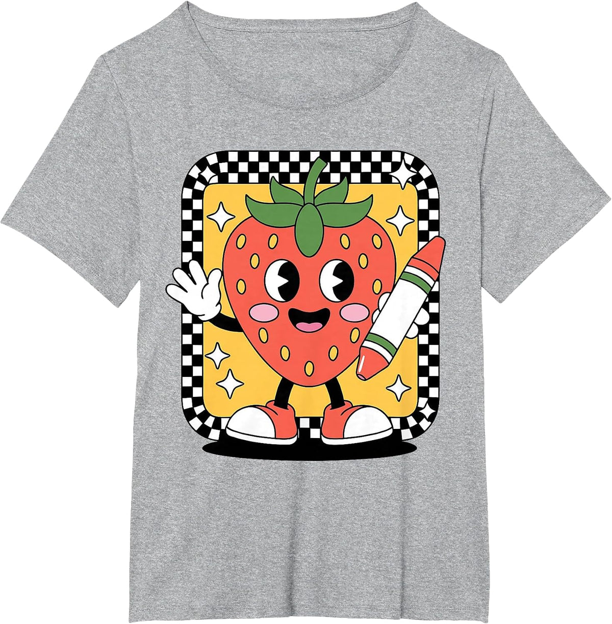 Teacher Vintage Checkered Strawberry Teaching T-Shirt - Heather Grey
