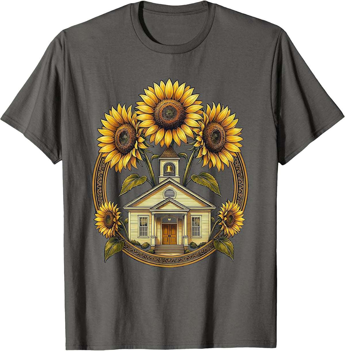 First Grade Teacher Schoolhouse Sunflower Design T-Shirt - Asphalt Grey