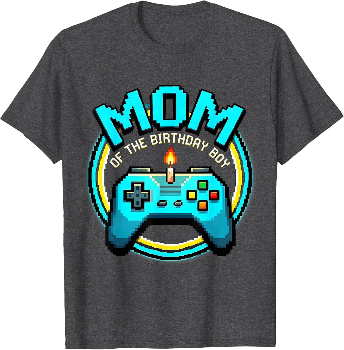 Men's Mom Of The Birthday Boy Pixel Art Video Game Birthday Party T-Shirt - Dark Heather Grey