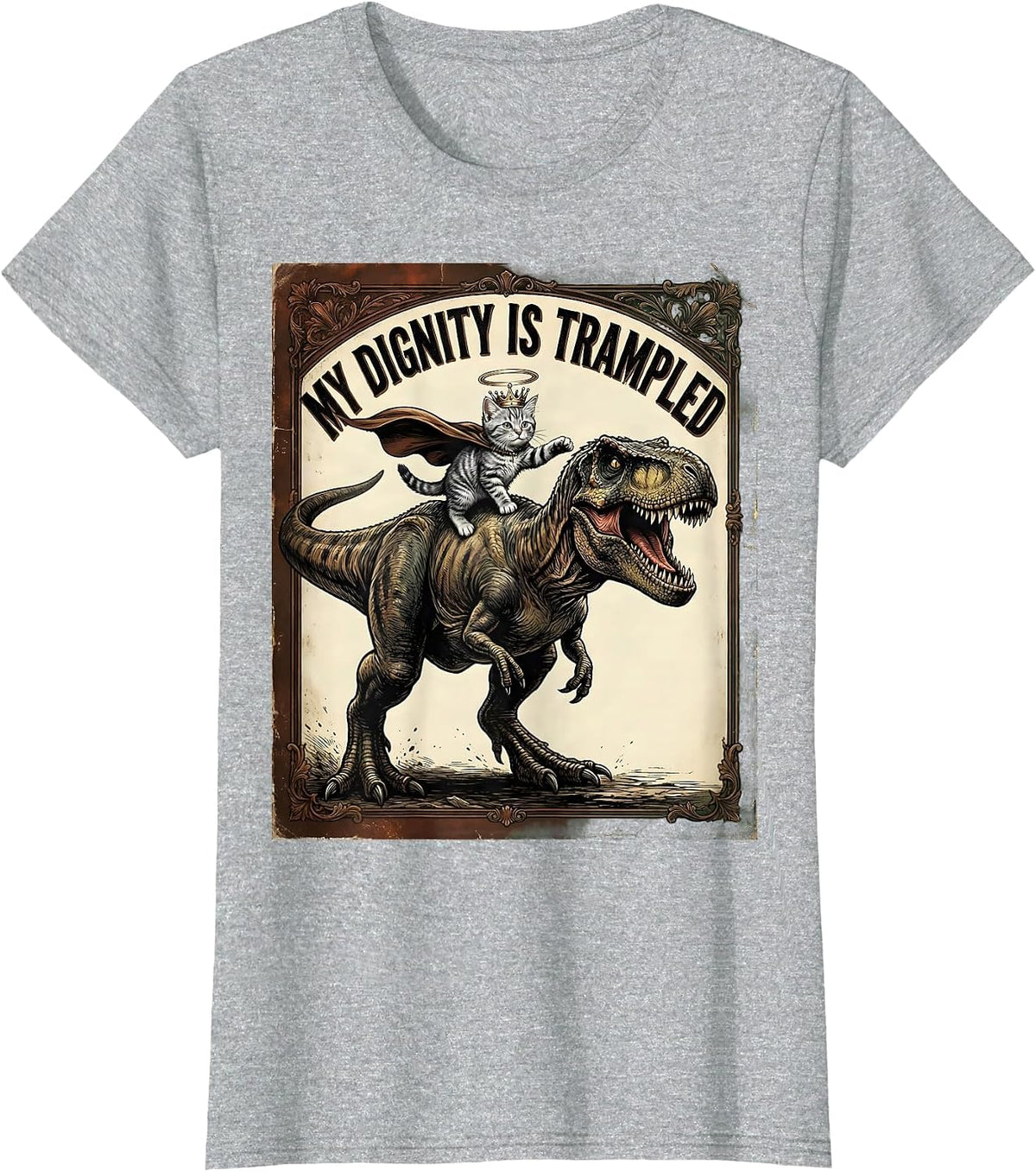 My Dignity Is Trampled Vintage Funny Cat Riding Dinosaur T-Shirt - Heather Grey
