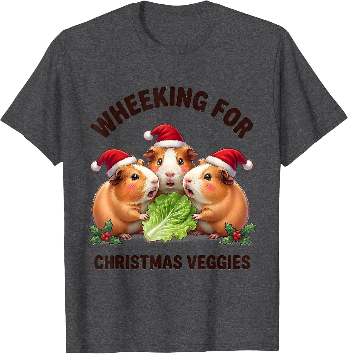 Wheeking For Christmas Veggies Cute Kawaii Guinea Pig Santa T-Shirt - Dark Heather Grey